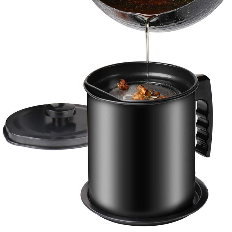Cambom Bacon Grease Container with Fine Mesh Strainer, 1.3 L almost 6 Full Cups Iron Cooking Oil Can with Removable a Coaster Tray for Kitchen Fat Storage Black - Image 1
